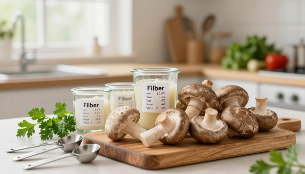 A colorful and vibrant still life composition showcasing the nutritional values of mushrooms, particularly emphasizing their low calories and high fiber. In the foreground, a variety of fresh, whole mushrooms—such as button, shiitake, and portobello—are artfully arranged on a rustic wooden cutting board. Sprigs of parsley, measuring spoons, and small glass containers filled with nutrient data (like fiber and macro nutrients) are scattered among the mushrooms. The middle ground features a soft-focus kitchen environment with natural light streaming in through a window, creating a warm ambiance. The background includes blurred kitchen utensils and fresh vegetables, enhancing the healthy cooking theme. Aim for a bright, inviting atmosphere that communicates health and nutrition.