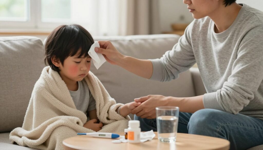 A concerned parent is gently caring for a feverish child at home, showcasing a cozy living room setting. In the foreground, the parent is sitting on a soft couch, wearing comfortable casual clothes, holding the child's hand while offering a cool cloth to the forehead. The child, looking drowsy yet comforted, is wrapped in a cozy blanket, with a slight flush of fever evident on their cheeks. In the middle, a small table displays a thermometer, some medication, and a glass of water, emphasizing the focus on home treatment and hydration. In the background, warm afternoon light filters through a window, creating a serene and nurturing atmosphere. The overall mood conveys warmth, care, and a sense of safety in dealing with childhood illness.