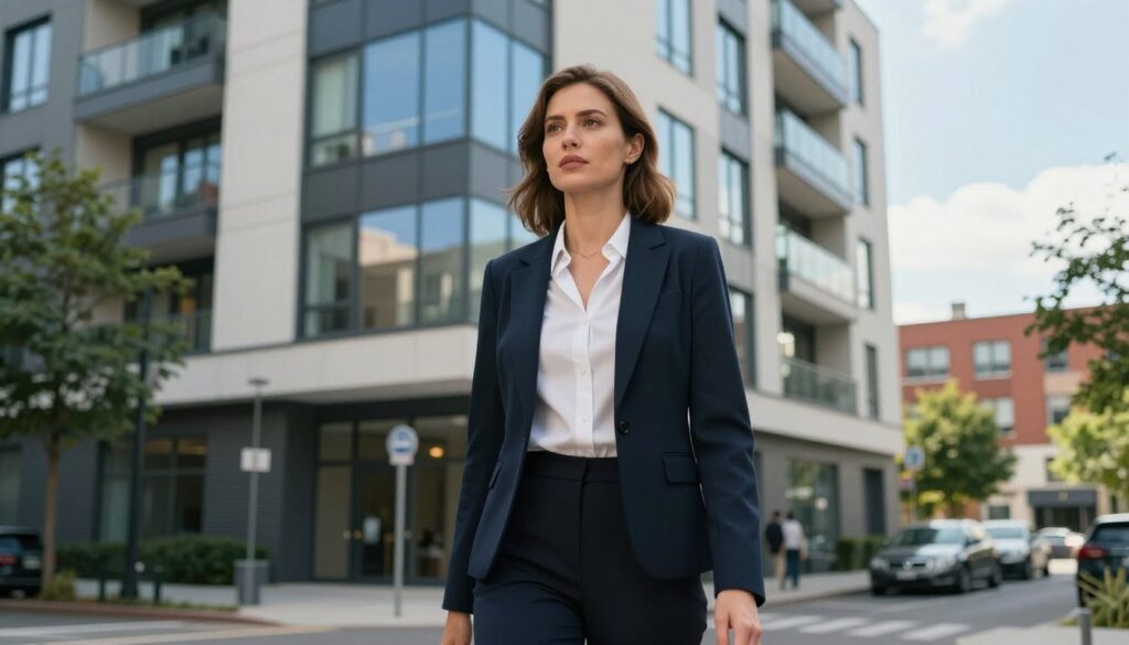 A contemporary urban scene depicting a female figure reminiscent of Julia Żugaj, captured in well-fitted business attire, standing confidently in front of a modern apartment building. The foreground features her portraying a thoughtful expression, engaging with her surroundings. In the middle ground, the apartment building showcases sleek architecture with large windows reflecting a clear blue sky. The background includes a vibrant cityscape, hinting at a lively neighborhood atmosphere, with trees and parked cars. Use soft natural lighting to create a warm and inviting mood, emphasizing the subject's professionalism and elegance. The angle should be slightly low to convey prominence, framing the character within the urban context.