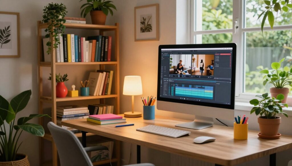 A cozy and inviting home office space belonging to a content creator, featuring a stylish desk with colorful stationery, a large computer screen showcasing a video editing software, and cheerful houseplants around. The room has warm, ambient lighting creating a welcoming atmosphere, with soft shadows enhancing the depth. In the background, a well-organized bookshelf filled with creative books and vibrant decor elements adds personality. Large windows let in natural light, illuminating the room and giving a glimpse of a green garden outside. The overall mood is creative and inspiring, reflecting a perfect balance of professionalism and personal touch, inviting viewers to imagine the life and work of a dedicated content creator.