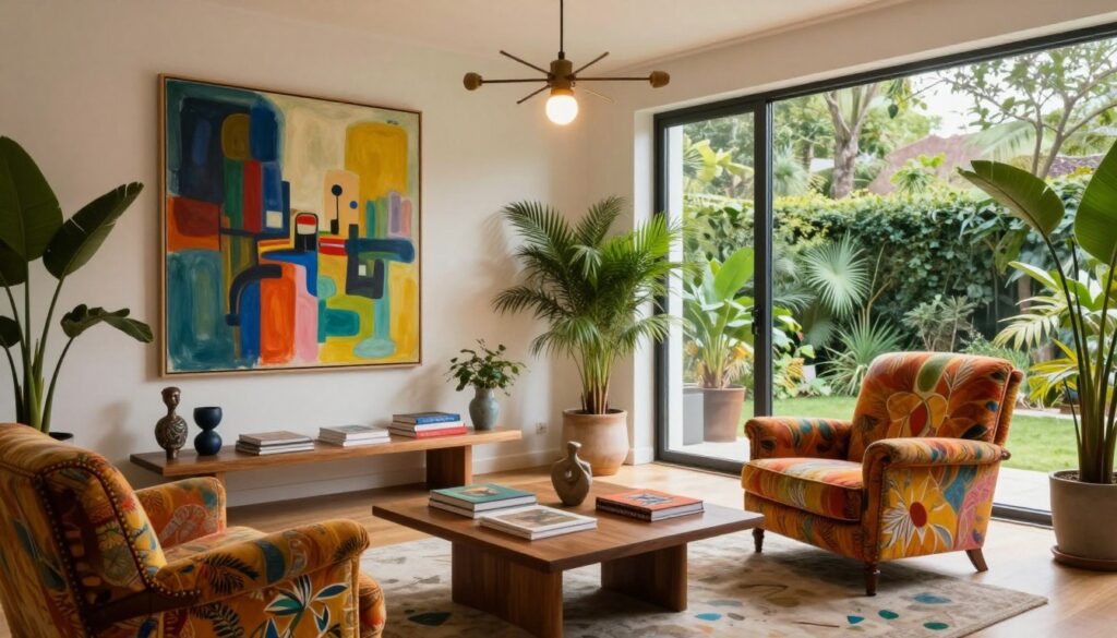 A cozy, artistic living room interior that reflects the personality of an avant-garde artist. In the foreground, a vintage armchair upholstered in vibrant fabric faces a sleek wooden coffee table adorned with art books and a small sculpture. The middle ground features a large, colorful abstract painting on the wall, with lush green plants in stylish pots. A unique, industrial-style light fixture hangs from the ceiling, casting warm, inviting light across the room. In the background, floor-to-ceiling windows let in natural light, overlooking a serene garden. The atmosphere is creative and inspiring, evoking a sense of personal space that feels both welcoming and sophisticated, perfect for fostering artistic expression.