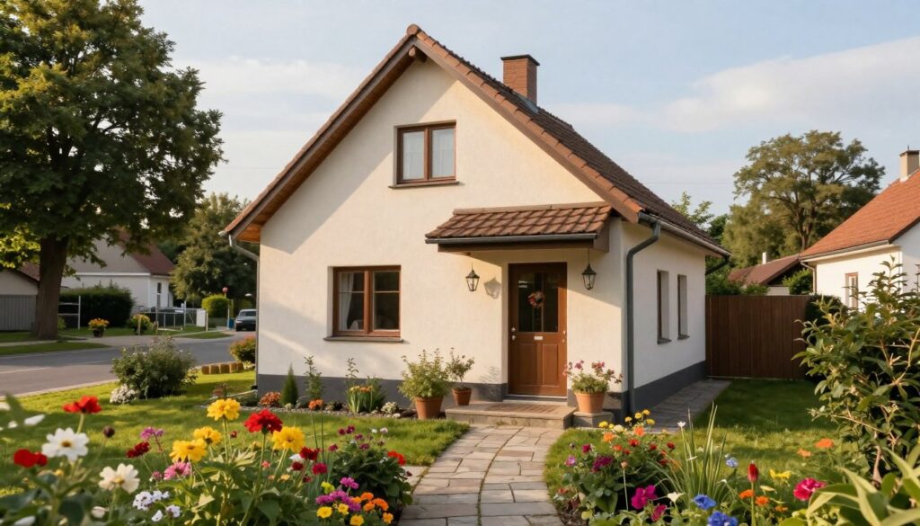A cozy exterior view of a charming residential house in Poland, showcasing a well-kept garden and a welcoming entrance. In the foreground, vibrant flowers bloom, and a stone pathway leads to the door, suggesting a friendly atmosphere. The middle ground features a modest two-story house with light-colored walls and a neat roof, emphasizing a sense of home. In the background, a quiet suburban street is dotted with trees, bathed in warm, natural sunlight, creating a serene environment. The angle is slightly elevated, capturing the beauty of the house while offering a glimpse of its surroundings. The mood is inviting and peaceful, reflecting the idea of community and family life. A cozy exterior view of a charming residential house in Poland, showcasing a well-kept garden and a welcoming entrance. In the foreground, vibrant flowers bloom, and a stone pathway leads to the door, suggesting a friendly atmosphere. The middle ground features a modest two-story house with light-colored walls and a neat roof, emphasizing a sense of home. In the background, a quiet suburban street is dotted with trees, bathed in warm, natural sunlight, creating a serene environment. The angle is slightly elevated, capturing the beauty of the house while offering a glimpse of its surroundings. The mood is inviting and peaceful, reflecting the idea of community and family life.