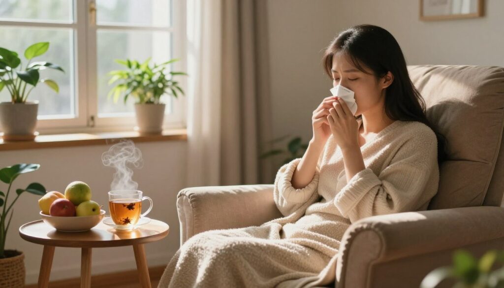A cozy indoor scene depicting a serene home environment designed for recovery from bronchitis. In the foreground, a warm, inviting armchair is accompanied by a small side table with herbal teas, a steaming cup, and a bowl of fresh fruits. A soft blanket is draped over the armchair, enhancing the comforting atmosphere. In the middle ground, a window with gentle sunlight streaming in lights up the space, casting soft shadows and illuminating houseplants that symbolize healing and vitality. In the background, light curtains flutter slightly, adding a sense of tranquility. The overall mood is peaceful and nurturing, evoking feelings of comfort and support, perfect for home care during recovery. The lighting is soft and natural, creating a warm ambiance.