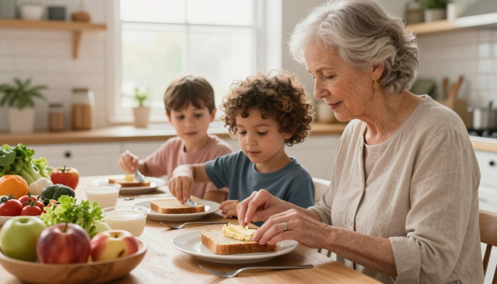 A cozy kitchen scene featuring a diverse group of three children and an elderly person engaged in a mealtime activity. The foreground showcases the elderly person, a kindly grandmother, wearing a modest casual outfit, guiding a young child on how to spread butter on whole grain bread. The second child appears curious, observing intently. In the background, a warm and inviting dining table is set with nutritious foods like fruits and vegetables, emphasizing healthy eating. Natural sunlight floods the scene through a window, casting a soft glow around them, creating a cheerful and nurturing atmosphere. This image should evoke feelings of family togetherness and the importance of nutrition in special dietary situations. A cozy kitchen scene featuring a diverse group of three children and an elderly person engaged in a mealtime activity. The foreground showcases the elderly person, a kindly grandmother, wearing a modest casual outfit, guiding a young child on how to spread butter on whole grain bread. The second child appears curious, observing intently. In the background, a warm and inviting dining table is set with nutritious foods like fruits and vegetables, emphasizing healthy eating. Natural sunlight floods the scene through a window, casting a soft glow around them, creating a cheerful and nurturing atmosphere. This image should evoke feelings of family togetherness and the importance of nutrition in special dietary situations.
