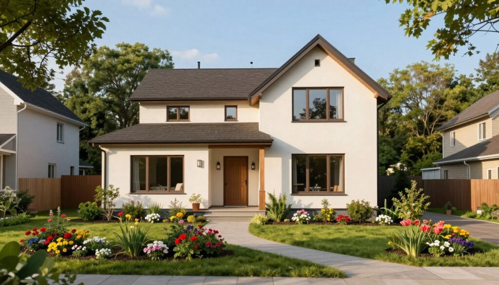 A cozy, modern house in a serene suburban setting, representing the home of Zenek Martyniuk. In the foreground, a manicured garden with vibrant flowers and a small pathway leading to the front door. The middle ground features the house itself, with a contemporary design, large windows reflecting natural light, and a welcoming porch. In the background, leafy trees provide a lush green backdrop under a clear blue sky. The scene is illuminated by soft, warm sunlight, creating an inviting and peaceful atmosphere. The image should be composed with a wide-angle view to capture the entirety of the home and its surroundings, conveying a sense of tranquility and privacy.