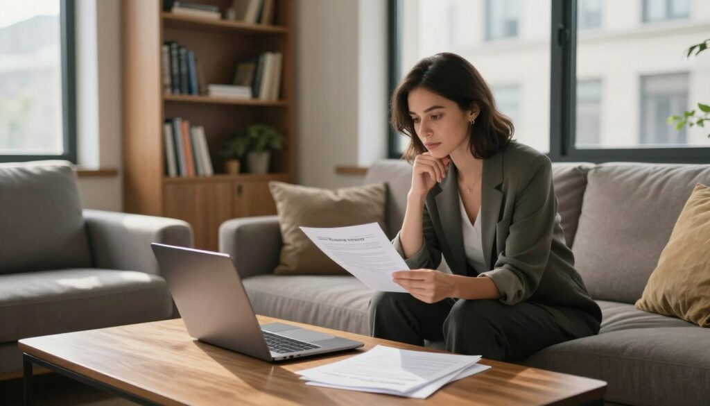 A cozy, modern living room in a stylish apartment where a professional woman is thoughtfully examining public documents related to personal privacy. The foreground features a wooden coffee table with papers and a laptop open, showcasing a research atmosphere. In the middle ground, the woman, dressed in smart casual attire, is sitting on a plush sofa, with bookshelves lined with various titles in the background. Warm, natural light streams through large windows, creating a welcoming ambiance. The background includes a glimpse of bustling urban life outside, symbolizing the intersection of public and private life. The atmosphere conveys a sense of calm contemplation, emphasizing the importance of discussing public information respectfully.