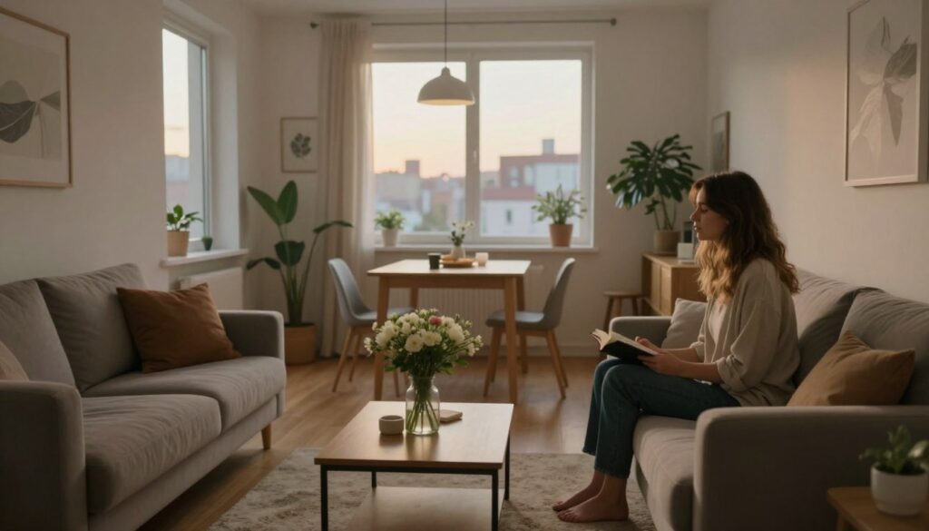 A cozy, modern living space reflecting Julia Żugaj's current housing situation post-breakup. In the foreground, a stylishly furnished living room with a plush sofa, neutral-colored walls, and tasteful decor. A small coffee table sits on a soft rug, adorned with a vase of fresh flowers. In the middle, a light-filled dining area featuring a wooden table set for two, highlighting a sense of solitude and new beginnings. The background reveals a large window showcasing a cityscape, illuminated by warm evening light, signaling change and renewal. The atmosphere is peaceful and introspective, captured with a soft focus, emphasizing the intimate and personal nature of her current chapter. The image should evoke a sense of resilience and calm.