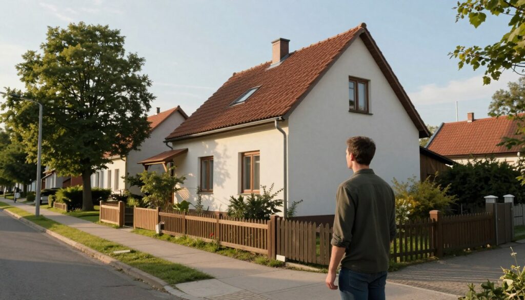 A cozy neighborhood street in Poland, featuring a quaint two-story house with a small garden, reflecting a peaceful suburban atmosphere. In the foreground, a professional-looking man in modest casual clothing stands contemplatively, gazing at the house, embodying the theme of relocation and its impact on life. The middle-ground includes neatly kept sidewalks lined with green trees and nearby houses that hint at a strong community vibe. The background showcases a clear blue sky with soft, diffused sunlight streaming through, casting gentle shadows that add warmth to the scene. The mood conveys introspection and a connection to one’s roots, perfect for illustrating the nuances of living spaces and their influence on creativity and personal growth.