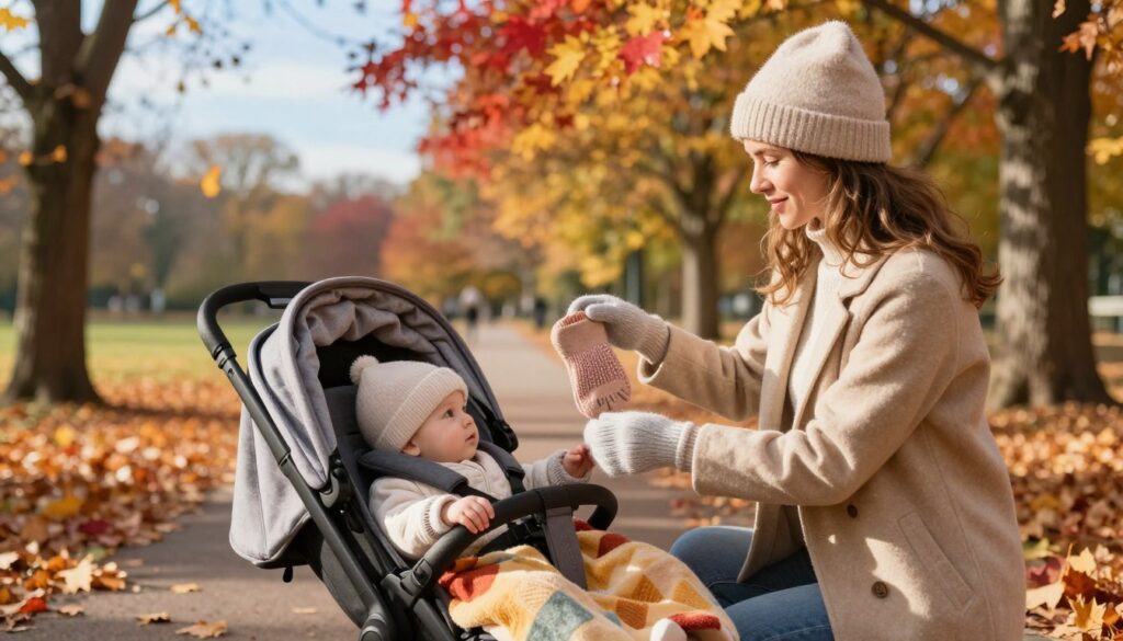 A cozy outdoor scene depicting a mother and her infant preparing for a stroll in autumn. In the foreground, the mother is selecting appropriate clothing for the cool weather, showcasing a variety of layers such as a soft hat, warm coat, and snug mittens. The infant, in a stroller, is bundled in a colorful blanket and wearing a matching outfit. In the middle ground, a park path lined with golden and red autumn leaves, gentle sunlight filtering through the trees, creating a warm, inviting atmosphere. In the background, soft focus on distant trees and a clear blue sky, enhancing the seasonal vibe. The overall mood is nurturing and attentive, reflecting the importance of dressing infants appropriately for changing temperatures.