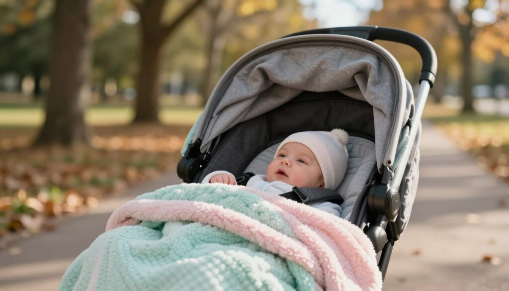 A cozy outdoor scene featuring a newborn dressed warmly for a stroll in a stroller. The foreground shows a close-up of a soft, textured blanket wrapping the baby, with bright pastel colors like mint green and pale pink. In the middle, the stroller is positioned on a sunlit park pathway, surrounded by gentle autumn foliage. The background includes softly blurred trees and a hint of a blue sky, enhancing the tranquil atmosphere. The lighting is warm and golden, evoking a peaceful afternoon. The mood is nurturing and safe, emphasizing the importance of appropriate layering and comfort for the newborn during outdoor excursions, portraying a serene and caring environment.
