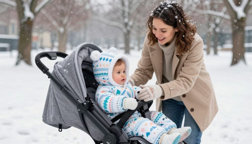 A cozy winter scene featuring a baby bundled up for a stroll in a vibrant winter snowsuit, accompanied by a soft sleeping bag and warm mittens. The foreground showcases a joyful mother gently placing the baby in a stylish stroller, highlighting the snowsuit's intricate patterns and textures. In the middle ground, snowflakes gently fall, adding a magical ambiance to the scene, while the background features a serene park covered with a blanket of white snow and bare trees. Soft, natural light illuminates the scene, creating a warm and inviting atmosphere. The angle captures the interaction between the mother and the baby, emphasizing safety and comfort during winter outings. The overall mood is cheerful and nurturing, providing a visual representation of winter outdoor attire for infants.