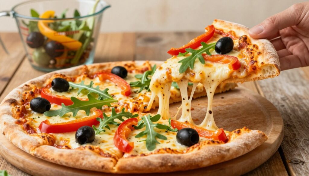 A delicious, visually appealing pizza with a focus on its calorie content, prominently displayed with a fresh slice being lifted, revealing gooey cheese and vibrant toppings like colorful bell peppers, black olives, and arugula. The pizza is set on a rustic wooden table, with a measuring cup filled with ingredients in the background, subtly hinting at healthy options. Soft, warm lighting creates an inviting atmosphere, emphasizing the textures of the pizza and the fresh ingredients. The scene is shot from a slightly elevated angle, showcasing both the pizza and the ingredients while maintaining a clean backdrop, evoking a sense of healthy indulgence and mindful eating, perfect for informing readers about pizza calories.