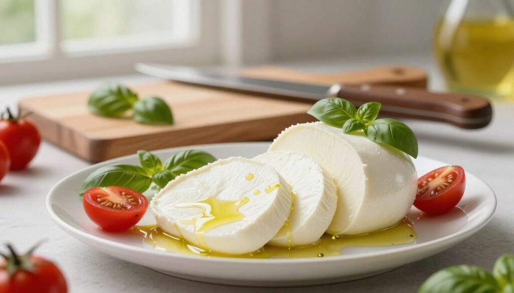 A detailed and vivid illustration of mozzarella cheese, sliced and arranged elegantly on a clean, white plate. In the foreground, the fresh mozzarella is surrounded by cherry tomatoes, basil leaves, and a drizzle of olive oil, enhancing the visual appeal. The middle layer features a wooden cutting board and a rustic knife, indicating preparation. In the background, soft natural light filters through a window, casting gentle shadows and creating a warm atmosphere. The focus is sharp on the mozzarella while the background subtly blurred, using a shallow depth of field. The mood is inviting and fresh, emphasizing the nutritional aspects of mozzarella cheese, such as calories, protein, fats, and carbohydrates, through visual elements without any text or labels.