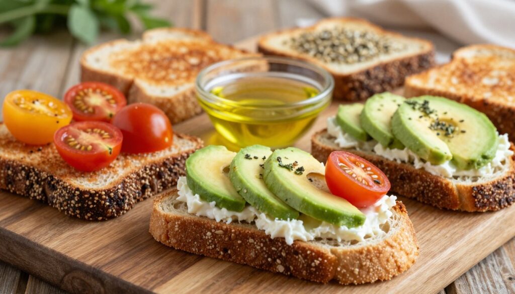 A detailed, close-up composition of various toasted bread slices arranged artfully on a rustic wooden table. The foreground features different types of bread, including whole grain, rye, and gluten-free options, perfectly toasted to a golden brown. On top of the bread, there's a selection of toppings: creamy low-fat cheese, vibrant avocado slices, and colorful cherry tomatoes, scattered with fresh herbs. The middle ground should showcase a small bowl of olive oil and a sprinkle of seeds, providing a healthy touch. The background is softly blurred to highlight the textures of the bread and toppings, with warm, natural lighting that creates an inviting atmosphere. The mood is fresh and wholesome, ideal for health-conscious readers.