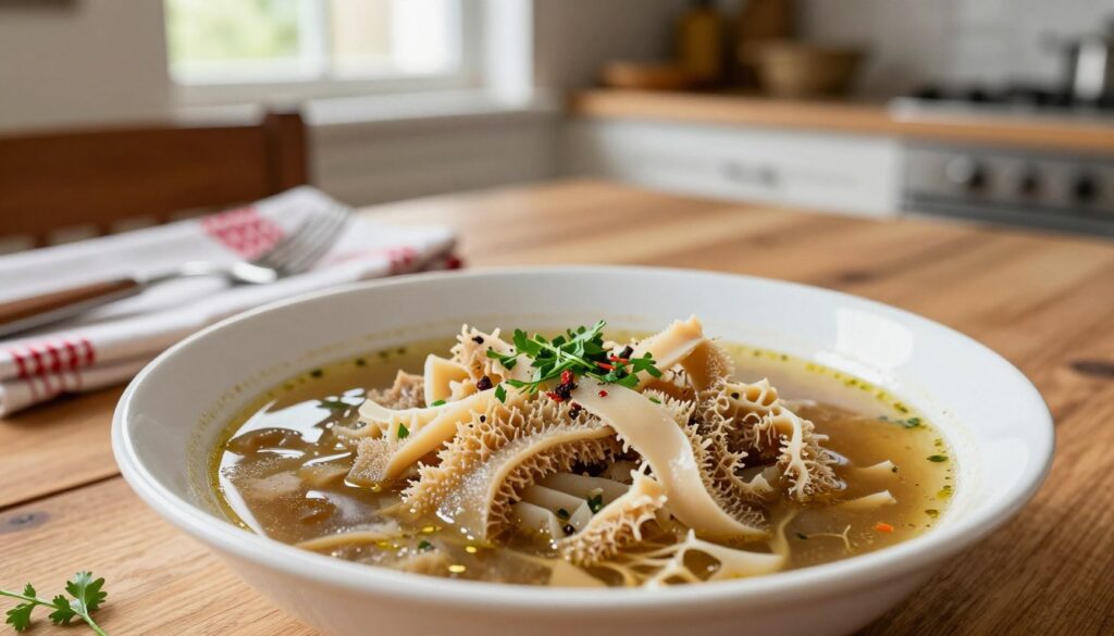 A detailed close-up of a well-presented dish of flaki, showcasing the intricate layers of the tripe in a rich, hearty broth. The foreground features a beautifully styled bowl of flaki, garnished with fresh herbs and spices, emphasizing the textures and colors of the dish. In the middle ground, a wooden table adorned with a rustic napkin and cutlery complements the traditional aspect of the meal. The background softly blurs to reveal a warm kitchen setting with natural light filtering through a window, creating a cozy and inviting atmosphere. The image should evoke a sense of comfort and tradition, highlighting the dish as a staple in Polish cuisine while ensuring a clean and professional appearance.
