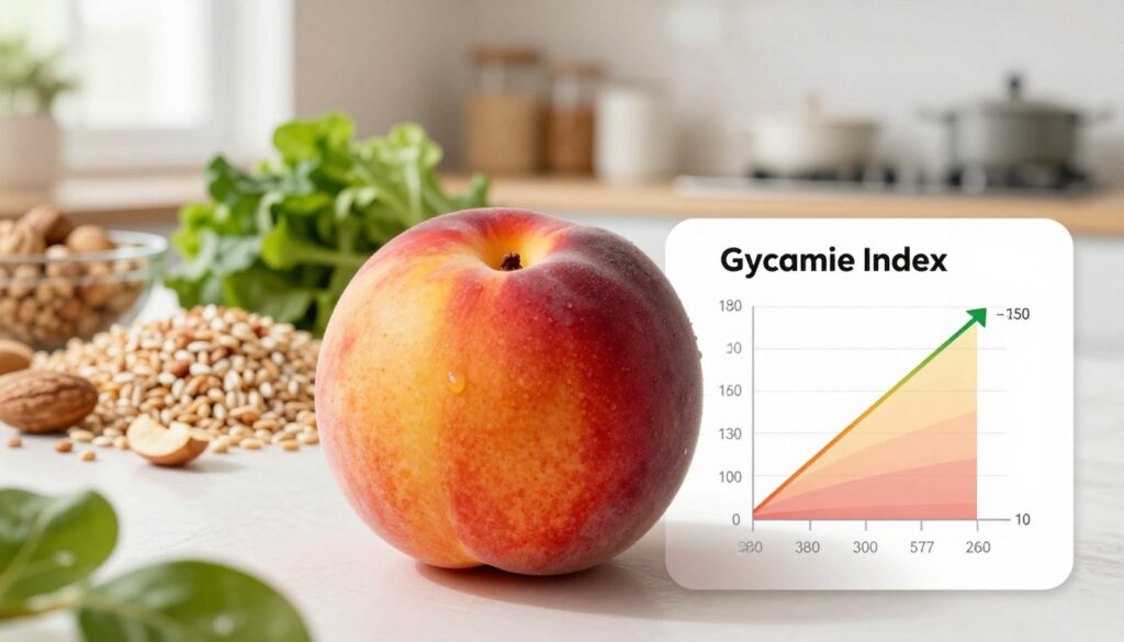 A detailed illustration of the glycemic index concept featuring a vibrant nectarine as the central focus in the foreground, showcasing its fresh texture and rich colors. Alongside the nectarine, place a graph representing the glycemic index scale, with markings indicating the index values of various foods. In the middle ground, include a soft-focus arrangement of healthy foods like whole grains, nuts, and leafy greens, symbolizing balanced meals. The background should have a light kitchen setting with soft, natural light filtering through a window to create a warm, inviting atmosphere. The image should evoke a sense of health and nutrition awareness, capturing the essence of glycemic insights visually.