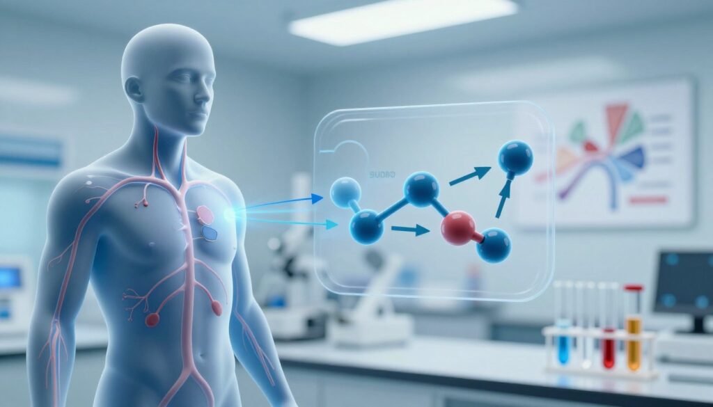 A detailed, scientific illustration depicting blood glucose levels in a human body context. In the foreground, a stylized human silhouette highlighting the bloodstream, illuminated with a soft blue glow to represent glucose. In the middle ground, a clear diagrammatic representation of insulin molecules interacting with glucose, with arrows indicating their action on cells. The background shows a blurred laboratory environment, with elements like test tubes and charts symbolizing metabolic processes. The lighting is bright and clinical, creating a professional yet engaging atmosphere. A macro lens perspective emphasizes detail, while the overall mood is informative and focused, suitable for a health-related article on dietary choices and their metabolic implications.