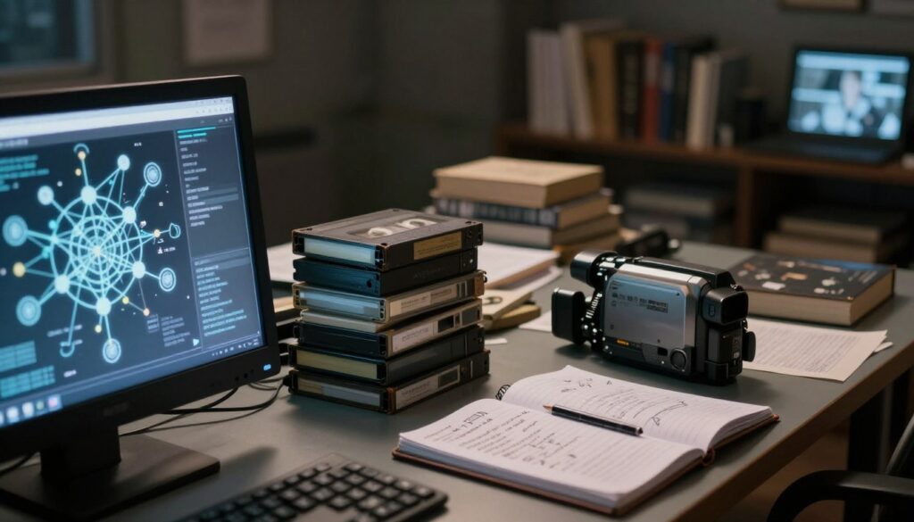 A dimly lit room filled with various video materials and digital artifacts scattered across a large table. In the foreground, a close-up of a computer screen displays a complex web of interconnected nodes and clues, resembling a digital map. In the middle, stacks of old video cassettes and a vintage camcorder sit alongside a notebook filled with handwritten notes and symbols. The background is partially blurred to create depth, showing shelves filled with books and research materials on investigations. Soft, ambient lighting casts shadows throughout the scene, creating a mysterious mood, while a slight lens flare adds an ethereal touch. The overall atmosphere is one of intrigue and exploration, inviting viewers to ponder the connections between the materials laid out.