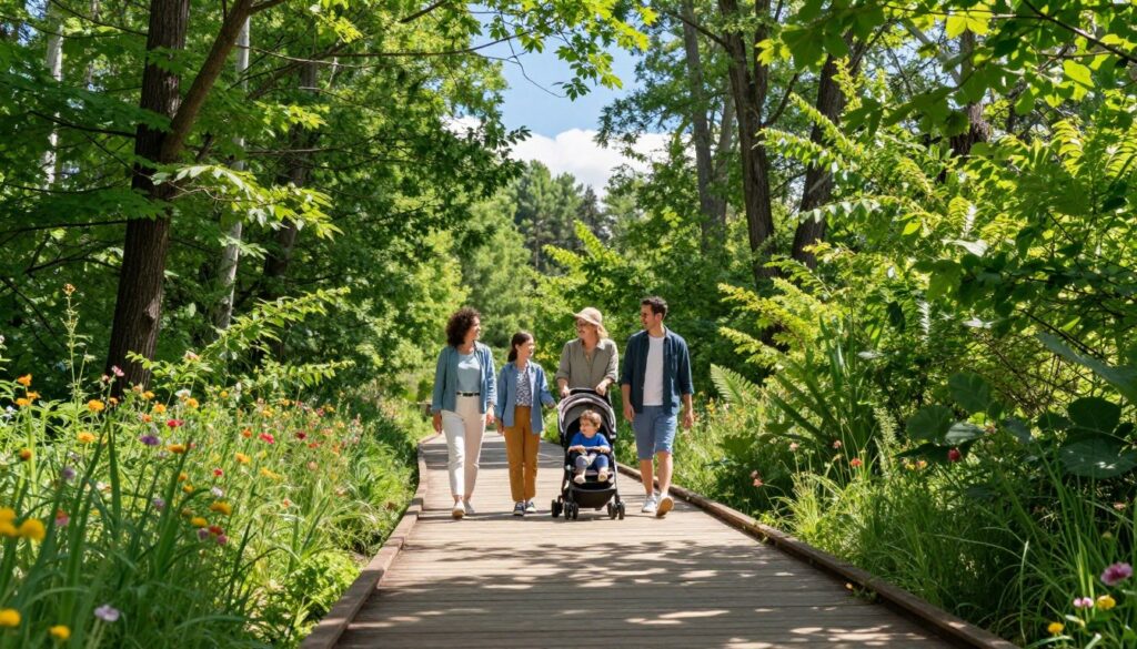A family-friendly pathway in a lush forest setting, designed for accessibility and enjoyment. In the foreground, a smooth, well-maintained wooden boardwalk bordered by vibrant green plants and colorful wildflowers. In the middle ground, a diverse family of four, dressed in comfortable casual clothing, happily walking together, with a child in a stroller. Sunlight filters through the leafy canopy above, casting dappled light onto the pathway. In the background, tall trees reach toward a clear blue sky, with a hint of soft clouds. The atmosphere is inviting and cheerful, capturing a sense of adventure and togetherness in a natural environment. The scene should be tranquil, emphasizing the beauty of nature and inclusivity for all.