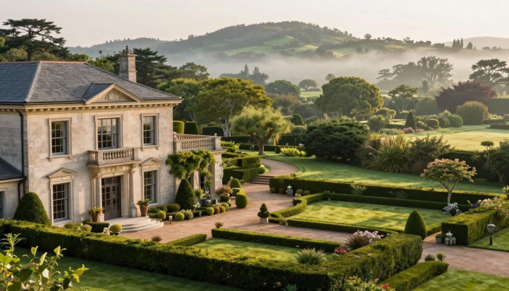 A grand estate nestled in a serene, natural landscape, showcasing lush green gardens and meticulously trimmed hedges. In the foreground, a majestic, well-maintained house with large windows and elegant architecture reflects a sense of privacy and luxury. The middle ground features a winding path that leads up to the entrance of the estate, framed by ornamental trees. In the background, distant hills provide a sense of seclusion, partially veiled by soft morning mist. The scene is bathed in warm sunlight, casting gentle shadows and creating a tranquil atmosphere. Capture this vista from a slightly elevated angle, emphasizing the grandeur of the property while maintaining an air of exclusivity and security.