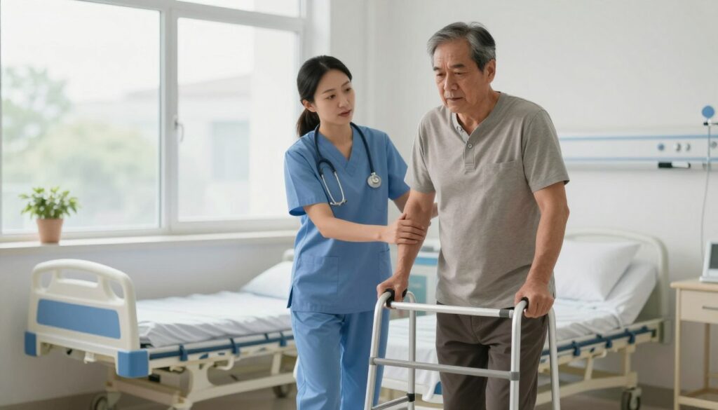 A hospital room setting illuminated by soft, natural light streaming through a large window. In the foreground, a determined middle-aged man, dressed in comfortable yet modest hospital attire, practices walking with a walker. His focus is evident, showcasing a mix of concentration and hope. In the middle ground, a nurse supports him, dressed in professional scrubs, providing encouragement and guidance. Behind them, the hospital room features medical equipment and a neatly made bed, enhancing the clinical atmosphere. The overall mood is supportive and motivational, emphasizing recovery and determination. The angle captures both individuals from a slight side view, highlighting the action of taking steps with the walker while ensuring the scene remains respectful and uplifting.