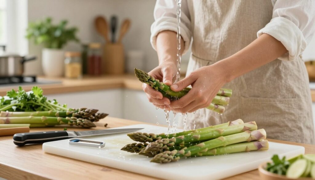 A light and airy kitchen scene featuring fresh asparagus being prepared for cooking. In the foreground, a white cutting board holds vibrant green asparagus spears, with a kitchen knife and a peeler nearby. In the middle, a person in a modest casual outfit carefully washes the asparagus under running water, their hands glistening with droplets, conveying the process of cleaning. The background showcases a cozy, well-lit kitchen with shelves lined with herbs, spices, and cooking utensils, creating a warm, inviting atmosphere. Soft, natural light filters in through a window, casting a gentle glow on the scene, emphasizing the freshness of the ingredients. The mood is lively and healthy, encouraging the idea of quick, nutritious meal preparation.
