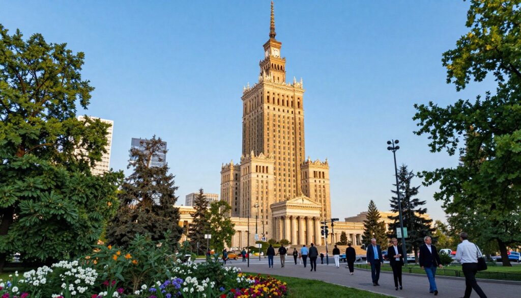 A majestic view of the Palace of Culture and Science in Warsaw, set amidst vibrant city life. In the foreground, lush green trees and blooming flowers of a nearby park create a serene atmosphere. The middle ground features the iconic skyscraper, showcasing its impressive architecture with intricate details and a towering spire. Surrounding the palace, people in professional attire stroll along pathways, engaged in conversation, symbolizing the bustling culture of the city. The background displays a clear blue sky, with soft, golden sunlight casting warm tones over the scene, adding a lively yet tranquil mood. The composition is framed with a slight tilt, capturing the grandeur of the palace against the vibrant urban landscape, inviting viewers to explore the attractions beyond the city center.