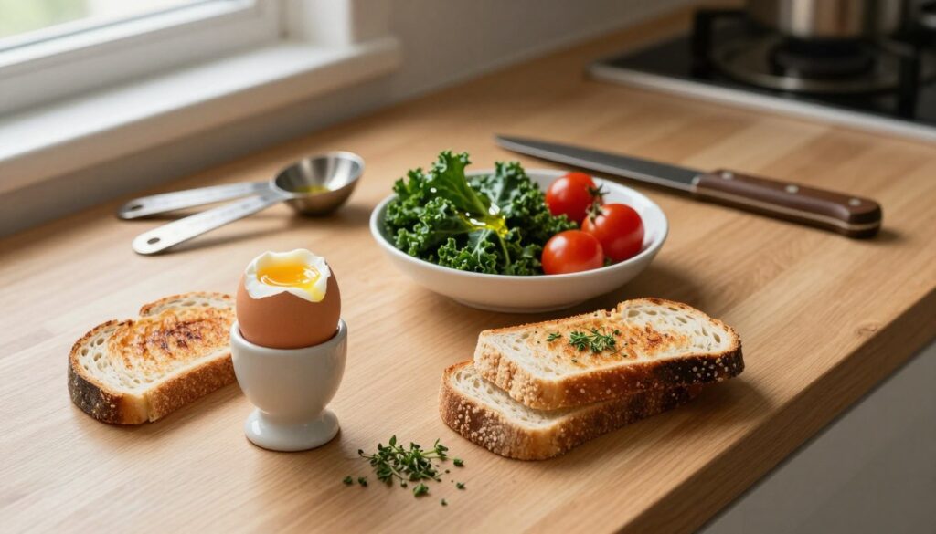 A minimalist kitchen scene focused on a wooden countertop displaying various egg dishes suitable for a diet. In the foreground, a soft-boiled egg in a ceramic holder, surrounded by lightly toasted whole-grain bread and a sprinkle of fresh herbs. In the middle, a small bowl of kale and cherry tomatoes drizzled with olive oil, illustrating healthy pairing options. In the background, a neat arrangement of measuring spoons and a rustic kitchen knife. The scene is illuminated by warm, natural lighting from a nearby window, creating a cozy and inviting atmosphere. The lens captures a slightly elevated angle, emphasizing the textures of the food and creating an appetizing perspective.