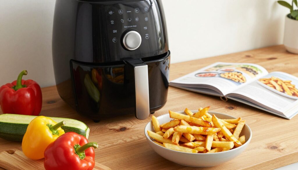 A modern air fryer on a sleek kitchen countertop, surrounded by colorful, fresh vegetables like bell peppers and zucchini. In the foreground, a bowl of golden, crispy fries, perfectly cooked and drizzled with minimal oil, emphasizes health and flavor. Soft natural lighting illuminates the scene, creating a warm and inviting atmosphere. In the middle background, a rustic wooden table holds a cookbook open to a fry recipe, adding a touch of culinary inspiration. The overall mood is cheerful and appetizing, showcasing the concept of healthier frying methods. The angle captures both the air fryer and the enticing fries prominently, inviting viewers to consider the benefits of cooking with less fat.
