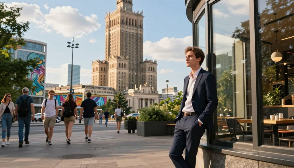 A modern urban scene in Warsaw, showcasing the iconic architecture and vibrant atmosphere of the city. In the foreground, a well-dressed young man, representing Mata, is casually leaning against a stylish café with large glass windows, appearing relaxed yet contemplative. In the middle ground, pedestrians walk by on a bustling street filled with greenery and artistic murals, capturing the essence of city life. The background features Warsaw's historic buildings under a bright blue sky, with soft clouds creating a welcoming mood. The lighting is warm and inviting, reminiscent of late afternoon sun, emphasizing the character's thoughtful expression. Use a wide-angle perspective to capture the dynamism of the surrounding environment without any text or distractions.