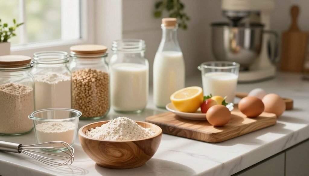 A neatly arranged kitchen counter showcasing a variety of whole grain flours in glass jars. In the foreground, a wooden bowl filled with whole grain flour sits next to a measuring cup, along with a whisk and a few fresh eggs. In the middle, a rustic wooden cutting board displays some additional ingredients like milk and a small plate of fresh fruits, emphasizing healthy choices. The background features softly blurred kitchen elements, like a mixer and some hanging herbs, creating a cozy and inviting atmosphere. The lighting is warm and natural, streaming in from a window, casting gentle shadows that add depth. The overall mood conveys a sense of health, wellness, and a focus on nutritious cooking.