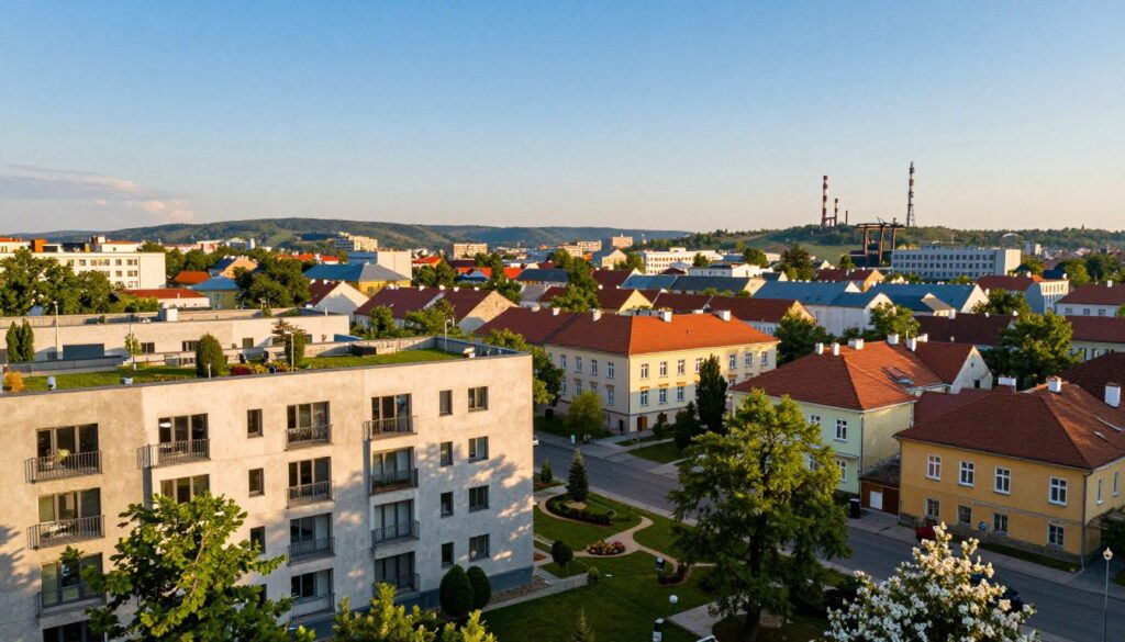 A panoramic view of Nowa Huta, Kraków, under a clear blue sky. The foreground features an elegant, modern residential building with lush greenery and blooming flowers, signifying a blend of urban life and nature. In the middle, traditional and contemporary architecture is juxtaposed, with rows of colorful houses and industrial structures that reflect the area's history. The background showcases distant hills lining the horizon, bathed in soft, golden sunlight, enhancing the warm atmosphere. The scene captures the essence of the neighborhood, providing a sense of place and community. The lighting is warm and inviting, with a focus on the vibrant colors of the buildings and the natural surroundings, all viewed from a slightly elevated angle to encompass the beauty of Nowa Huta. The mood is serene and welcoming, inviting exploration.