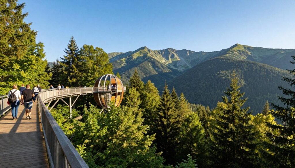 A panoramic view of the Bachledka tree canopy walkway, showcasing its unique architectural design amid lush green trees in the Pieniny mountains. The foreground features the wooden walkway with visitors walking casually, dressed in modest, casual clothing, taking in the views. In the middle, vibrant green treetops stretch out beneath a bright blue sky illuminated by warm sunlight, accentuating the depth of the forest below. In the background, the majestic Tatra mountains rise, providing a breathtaking backdrop to the scene. The image should convey a sense of adventure and tranquility, with a slightly elevated, wide-angle perspective to capture the expansive beauty of the landscape and the inviting nature of the trail.