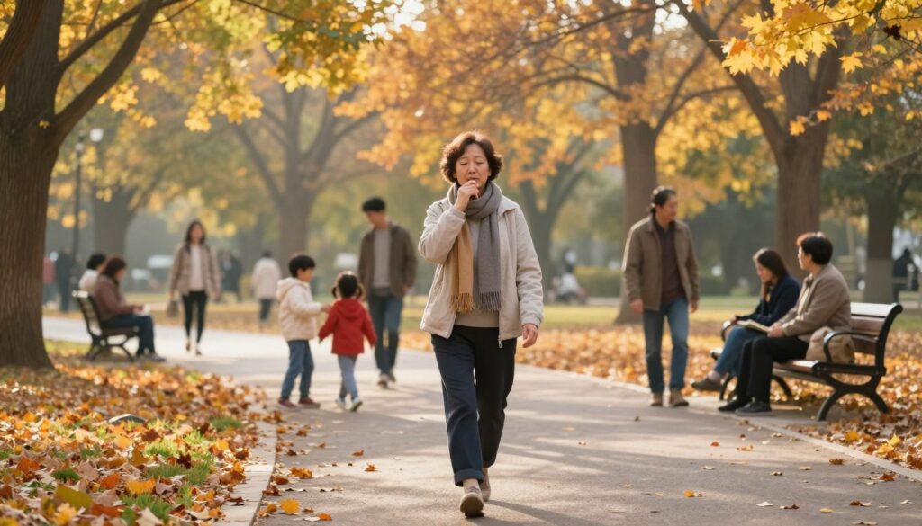 A peaceful park scene during autumn, showcasing a gentle path lined with colorful falling leaves. In the foreground, a middle-aged person dressed in modest casual clothing walks slowly, wearing a scarf and light jacket, practicing controlled breathing. The person's expression is serene yet cautious, embodying the careful consideration of their health. In the middle ground, families enjoy the fresh air, with children playfully interacting and others sitting on benches, reflecting a relaxing yet vibrant atmosphere. In the background, soft golden sunlight filters through the trees, casting a warm glow over the entire scene. The composition conveys a sense of balance between enjoying nature and being mindful of one's health, with a focus on tranquility and reflection.