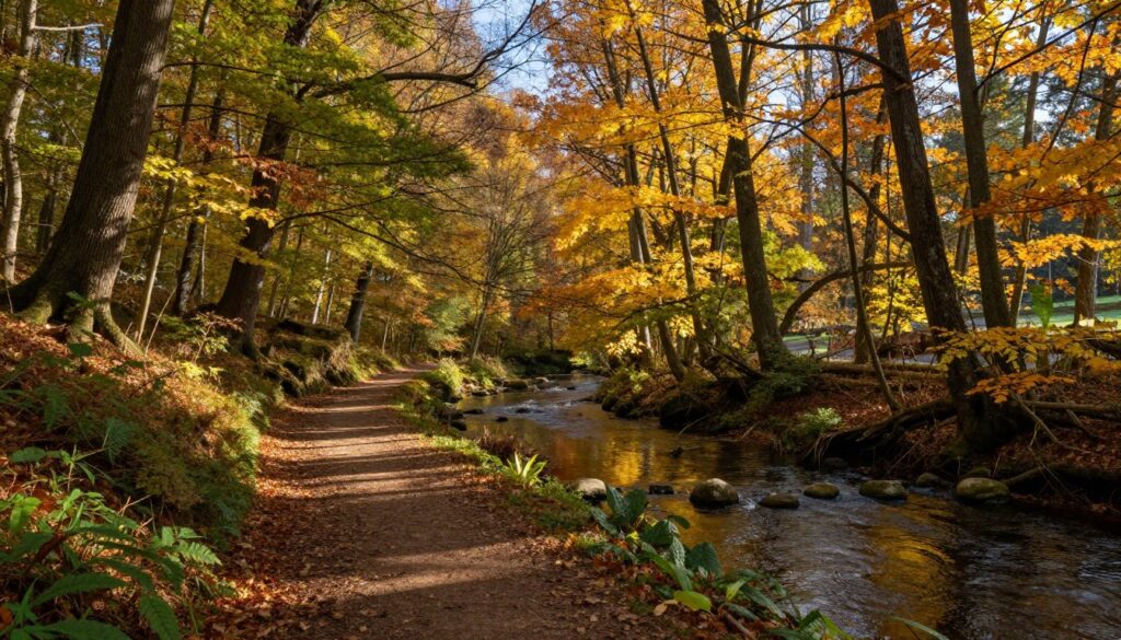 A picturesque forest path winding through ancient trees adorned with vibrant autumn foliage, capturing the essence of nature's rich history. In the foreground, a well-trodden dirt trail leads the viewer's eye, flanked by diverse plant life and fallen leaves. In the middle, a gentle stream flows, reflecting the golden hues of the foliage, where a few small stones create natural stepping points. The background features towering trees stretching towards a clear blue sky, dappled sunlight filtering through the leaves, creating a warm and inviting atmosphere. The mood is serene and contemplative, ideal for a leisurely stroll rich in historical context. Use soft, natural lighting to enhance the tranquil scene, with a wide-angle lens to capture the depth of the landscape.