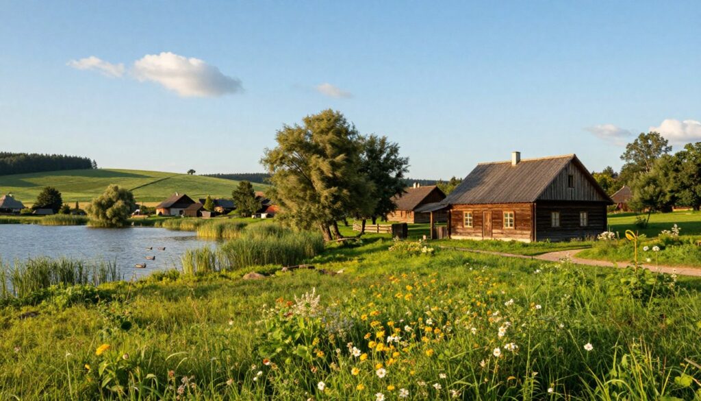 A picturesque landscape of Warszkowo, a charming village in the West Pomeranian Voivodeship of Poland. In the foreground, a lush, green field stretches towards a serene lake, with wildflowers blooming vividly. A rustic farmhouse made of weathered wood catches the soft afternoon sunlight, creating an inviting atmosphere. In the middle ground, a group of trees gently sways in the breeze, while local wildlife, like a few ducks swimming peacefully on the lake, adds life to the scene. The background features rolling hills under a clear blue sky, with a few fluffy clouds scattered throughout. The image should evoke a sense of tranquility and connection to nature, captured from a slightly elevated angle to provide depth and perspective, with warm, natural lighting enhancing the scene's warmth and serenity.