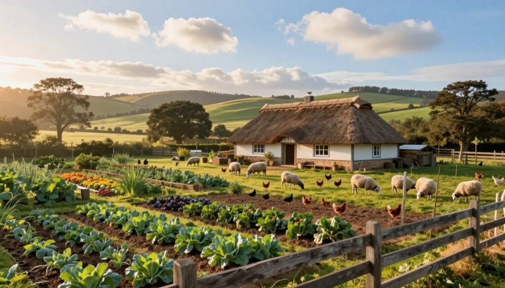 A picturesque rural farm landscape in the early morning, showcasing JockerFarm. In the foreground, a well-maintained vegetable garden with rows of vibrant crops and a rustic wooden fence. In the middle ground, a charming farmhouse with a thatched roof, surrounded by grazing sheep and chickens pecking at the ground. In the background, rolling hills dotted with trees under a bright blue sky. Soft golden sunlight filters through scattered clouds, casting a warm glow over the scene. The mood is serene and hardworking, evoking the essence of countryside life, with a sense of seasonal abundance. The composition is captured from a slight elevation, providing a panoramic view that emphasizes the harmony between nature and farming activities.