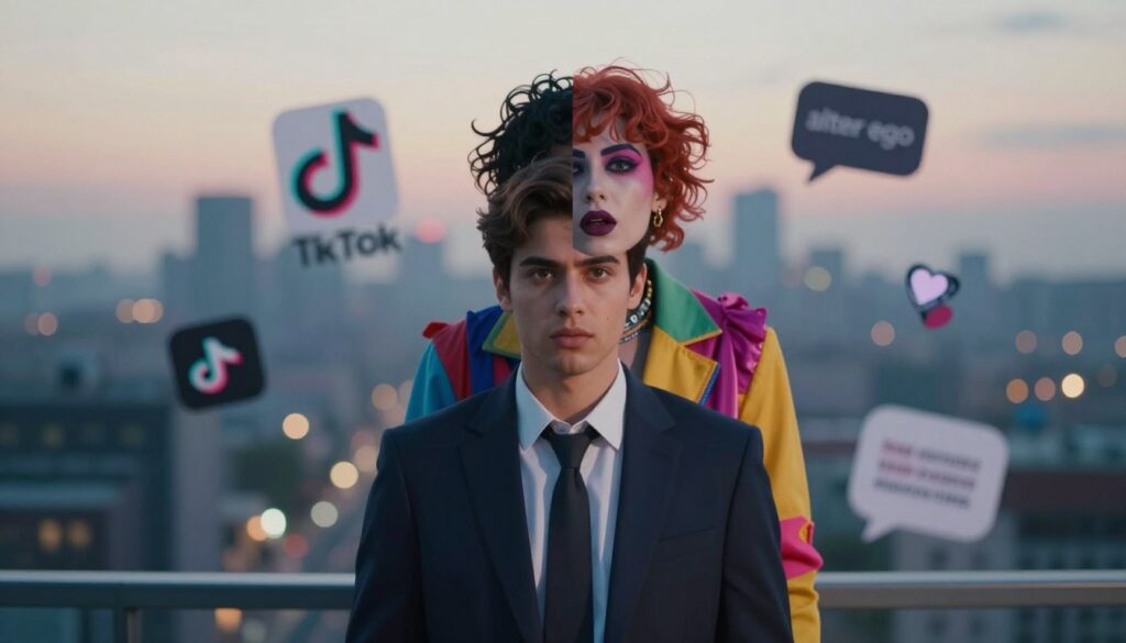 A powerful depiction of "alter ego," featuring a central character split into two distinct versions of themselves. In the foreground, the first version is a confident individual dressed in professional attire, exhibiting determination and focus. The second version, representing their alter ego, is adorned in vibrant, eccentric clothing, exuding a playful and rebellious spirit. The middle ground showcases a blurred urban landscape, hinting at the influence of social media platforms like TikTok, with abstract shapes and colors representing online chatter and rumors. The background features a subtle, hazy city skyline at dusk, illuminated by warm lights that contrast with cool tones of the alter ego. Use soft lighting to create a dreamy atmosphere, shot with a wide-angle lens to enhance depth and perspective, capturing the duality of identity in a cohesive visual narrative.