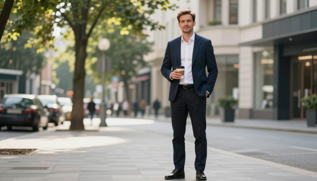 A professional male figure, inspired by Mieszko Krzysztof Stanowski, stands confidently in an elegant, well-lit urban setting. He is dressed in smart casual attire—a tailored blazer over a crisp white shirt, paired with dark trousers and polished shoes. In the foreground, he holds a coffee cup, exuding a relaxed yet professional demeanor. The middle ground showcases a modern city street lined with trees and stylish buildings, hinting at a vibrant community atmosphere. In the background, soft, diffused sunlight filters through the leaves, casting gentle shadows. The mood is inviting and approachable, reflecting a balance between public persona and personal intimacy, encapsulating the theme of public information and boundaries without compromising privacy.