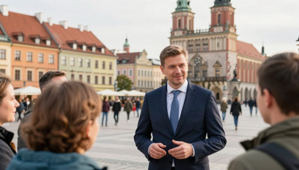 A professional portrait of Jacek Jaśkowiak in a dynamic urban setting, capturing his essence as the Mayor of Poznań. In the foreground, depict him dressed in a sharp business suit, engaging with citizens in an outdoor city square, showcasing community interaction. The middle ground should feature notable landmarks of Poznań, like the Town Hall and colorful tenements, symbolizing his connection to the city. In the background, hint at the campus of the Adam Mickiewicz University, representing his academic roots. Utilize warm, natural lighting to evoke a sense of optimism and engagement. Employ a shallow depth of field to keep the focus on Jaśkowiak, while gently blurring the cityscape behind him, creating a professional and inspirational mood.