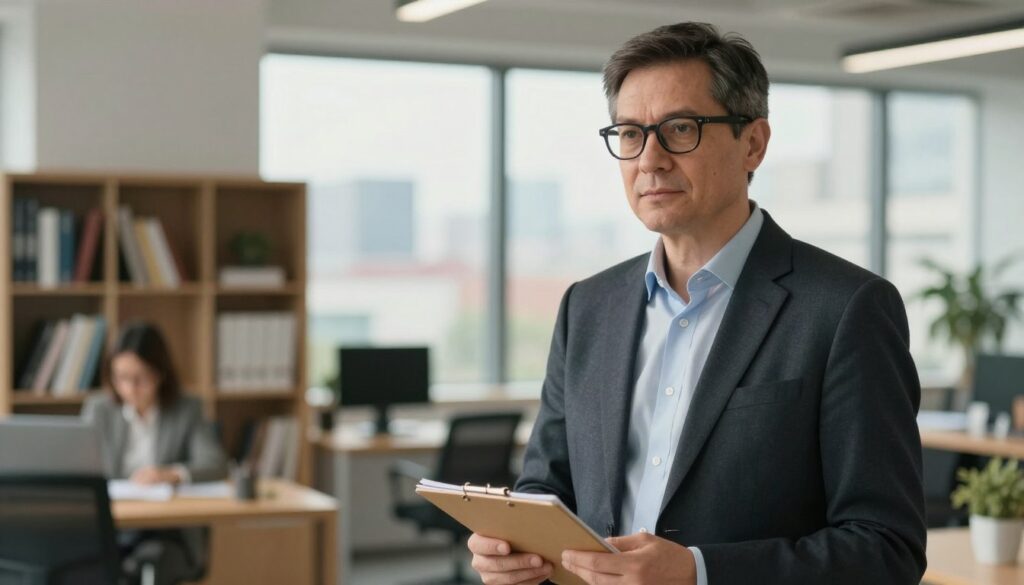 A professional setting featuring Tomasz Sakiewicz, depicted as a middle-aged man with short, dark hair and glasses, wearing a smart business suit. In the foreground, he stands confidently with a thoughtful expression, holding a notepad. The middle ground shows a modern office environment filled with bookshelves and a large window overlooking a cityscape. Soft, natural daylight bathes the scene, creating a warm and inviting atmosphere. The background is slightly blurred to emphasize Tomasz while hinting at a busy yet organized workspace. Capture a professional and focused mood, representing the themes of interest and public life while ensuring respect for his privacy.
