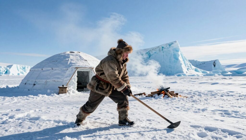 A rugged Inuit villager dressed in warm traditional attire, skillfully hunting on a snowy landscape. In the foreground, the villager is using a harpoon, showcasing focus and determination against the harsh environment. In the middle ground, a traditional igloo can be seen, subtly blending into the snowy terrain, with gentle smoke rising from a cooking fire, indicating warmth and survival. The background features towering, glistening ice formations under a brilliant blue sky, capturing the essence of the Arctic climate. Soft sunlight casts dramatic shadows, creating a mood of resilience and adaptation. The scene conveys the spirit of survival and harmony with nature in the extreme conditions of the Far North.