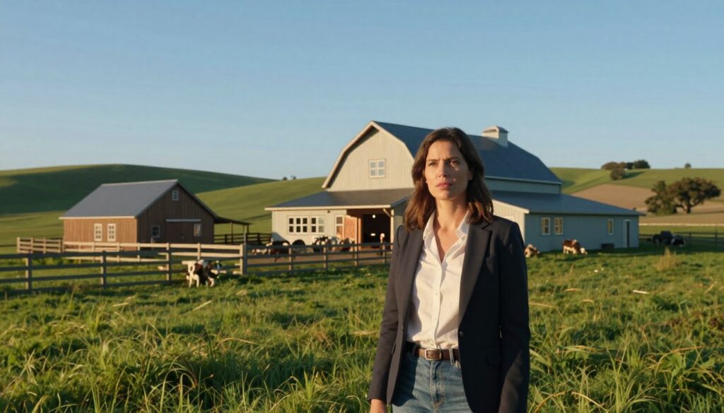 A rural scene depicting a modern farmhouse in a serene countryside setting, surrounded by lush green fields and a clear blue sky. In the foreground, a woman in professional casual attire stands confidently, looking directly at the viewer with a thoughtful expression. She has shoulder-length hair and exudes an air of determination. In the middle ground, a charming barn and a fenced area with grazing animals can be seen, adding to the pastoral ambiance. The background features rolling hills under the warm glow of the late afternoon sun, casting soft shadows and lending a tranquil atmosphere to the scene. The overall mood is inviting and reflective, suggesting a connection to community and home. A rural scene depicting a modern farmhouse in a serene countryside setting, surrounded by lush green fields and a clear blue sky. In the foreground, a woman in professional casual attire stands confidently, looking directly at the viewer with a thoughtful expression. She has shoulder-length hair and exudes an air of determination. In the middle ground, a charming barn and a fenced area with grazing animals can be seen, adding to the pastoral ambiance. The background features rolling hills under the warm glow of the late afternoon sun, casting soft shadows and lending a tranquil atmosphere to the scene. The overall mood is inviting and reflective, suggesting a connection to community and home.