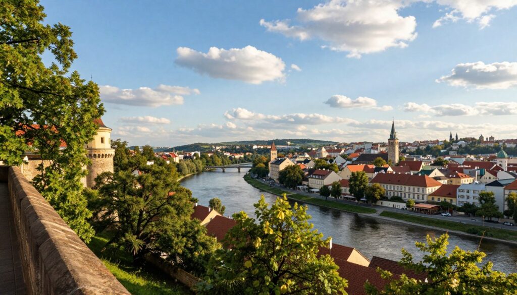 A scenic view from Bastion Sakwowy in Wrocław, showcasing a picturesque overlook of the Odra River. In the foreground, lush green trees frame the edge of the bastion, their leaves softly illuminated by golden sunlight. The middle ground features the historical architecture of Wrocław, with charming buildings and the river gently flowing beneath a clear blue sky filled with fluffy white clouds. In the background, the cityscape gradually fades into rolling hills, offering a sense of tranquility and escape. The angle is slightly elevated, capturing the expansive view while maintaining the intimacy of the bastion’s setting. The overall mood is serene and inviting, perfect for a peaceful reset in the heart of the city.