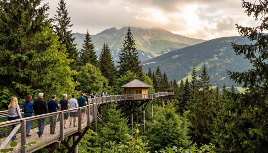 A scenic view from the elevated tree canopy walk in Zakopane, showcasing the vibrant greenery of the forest below. In the foreground, a small group of people, dressed in professional casual attire, is enjoying the experience, looking out over the landscape. In the middle, intricately designed wooden walkways wind through the trees, connecting various platforms. In the background, the majestic Tatra Mountains loom, partially shrouded in mist, with patches of sunlight breaking through the clouds, creating a warm and inviting atmosphere. The scene captures the tranquility and beauty of nature, with soft, diffused lighting highlighting the lush foliage and wooden elements of the walkway. The angle is slightly elevated, emphasizing the height of the canopy and the expansive view of the surrounding landscape.