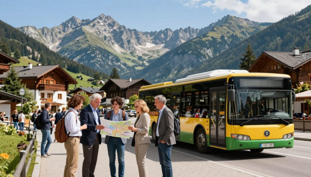 A scenic view of a mountain town, set in the foreground with a modern bus in the vibrant colors of public transportation, ready for passengers. In the middle ground, a diverse group of travelers dressed in professional business attire and modest casual clothing are discussing their next steps, looking at a map of the area. The background features the majestic Tatra Mountains under a clear blue sky, with traditional wooden chalets nestled among the trees, evoking a sense of adventure and exploration. The atmosphere is bright and welcoming, capturing the essence of easy logistics and access to natural beauty. Soft sunlight illuminates the scene, adding warmth and inviting tones, while a wide-angle perspective enhances the depth of the landscape's beauty.