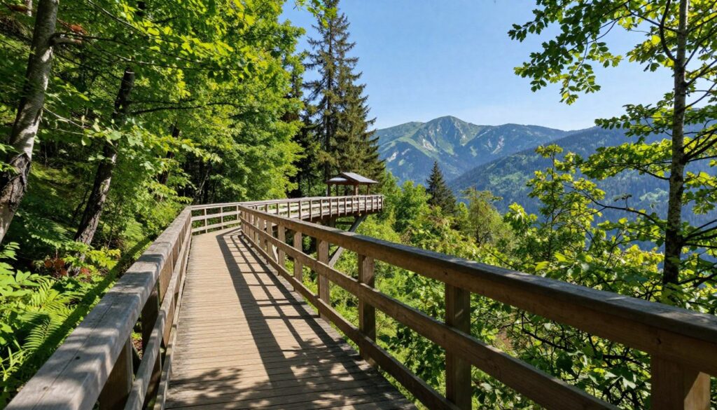 A scenic view of a tree canopy walkway in Białka Tatrzańska, showcasing an elevated wooden path winding through lush green treetops. In the foreground, the sturdy structure of the walkway with its railings, crafted from natural wood, is visible. The middle ground reveals the vibrant foliage, with sunlight filtering through leaves, creating dappled shadow patterns on the path. The background features the distant Tatra Mountains under a clear blue sky, adding depth to the scene. The atmosphere is serene and inviting, perfect for a nature walk. Use natural lighting to emphasize the fresh greens and warm browns of the path. Capture the scene from a slightly elevated angle to highlight the height and length of the walkway, enhancing the sense of immersion.
