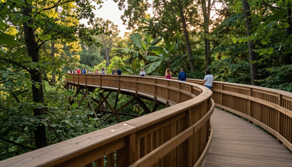 A scenic view of a treetop walkway in Poznań, surrounded by lush green trees, showcasing the intricate wooden construction of the path. In the foreground, a well-designed wooden railing adds depth, leading the viewer's eye along the walkway. The middle section features visitors enjoying the space, depicted in casual outdoor clothing, capturing a sense of exploration and tranquility. In the background, the canopy is bathed in soft, golden sunlight filtering through the leaves, creating a warm and inviting atmosphere. The angle is slightly elevated, offering a sweeping perspective of the path curving through the treetops, with a hint of the above-ground forest below. The overall mood is serene and inviting, perfect for nature lovers.