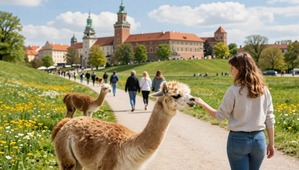 A scenic view of an outdoor alpaca walk in Kraków during springtime, showcasing a group of well-groomed, fluffy alpacas interacting with visitors. In the foreground, a friendly alpaca gently nudges a person dressed in a casual, comfortable outfit, demonstrating the intimate connection between humans and animals. In the middle, a picturesque path lined with vibrant green grass and blooming wildflowers leads toward a gentle rise, with people leisurely walking along it, enjoying the experience. In the background, the iconic landmarks of Kraków, such as the Wawel Castle, are softly blurred under a bright blue sky with fluffy white clouds, creating an inviting mood. The lighting is warm and natural, suggesting a sunny day, captured from a slightly elevated angle to enhance depth and perspective.