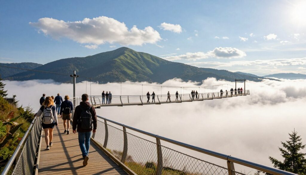 A scenic view of the "Spacer Chmurach" in Dolní Morava, showcasing a suspended walkway gracefully gliding above a sea of fluffy, white clouds. In the foreground, visitors in casual clothing walk along the wooden planks of the walkway, taking in the breathtaking scenery. The middle ground features the airy structure of the pathway, with elegantly twisted railings emphasizing its unique design. In the background, majestic green mountains rise against a bright blue sky, dotted with billowing clouds. Soft sunlight filters through, creating a warm, inviting atmosphere that captures the excitement of adventure. The lens should capture a wide angle, offering a panoramic perspective that highlights both the beauty of the natural landscape and the exhilaration of the experience.